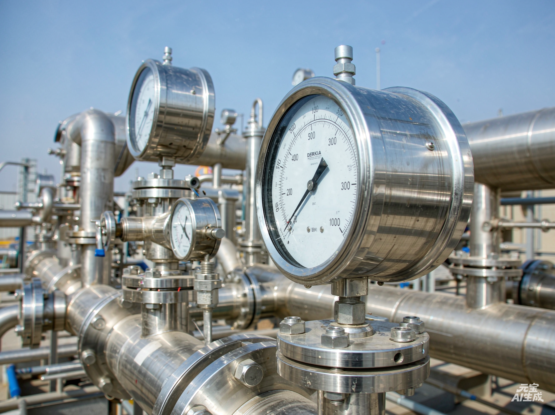 DERKIA industrial pressure gauges installed on an oil and gas pipeline and process equipment